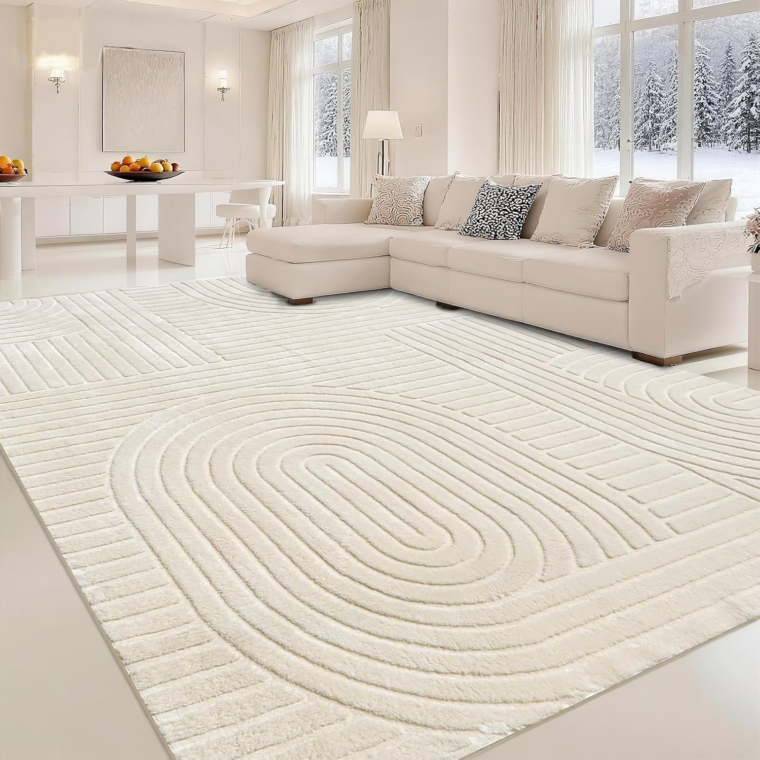 Geometric Bohemian High-Loop Beige Large Rug